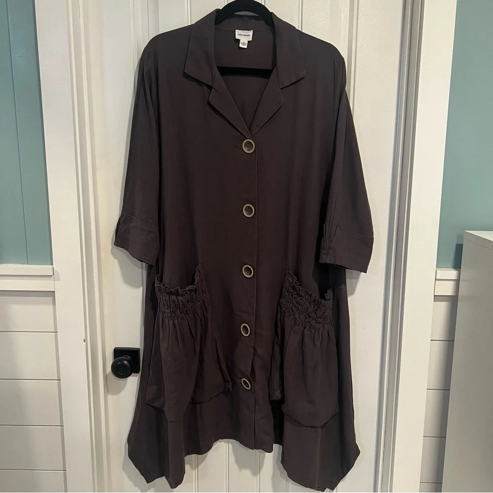 For Cynthia‎ Coffee Brown Lagenlook Linen Blend Button Up Dress. Large. NWT.